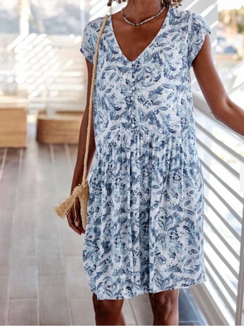 Garnet Hill Blue & White V‑Neck Printed Tiered Mini Dress